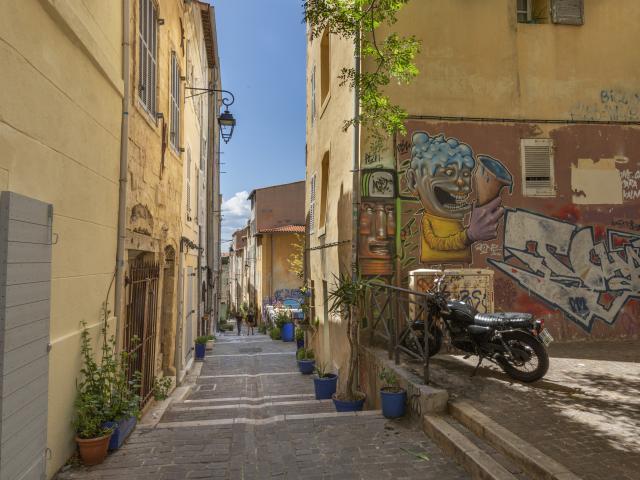 Ruelles dans le quartier du Panier à Marseille, plantes et street art