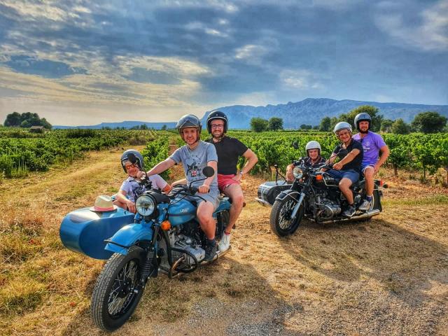 Personnes sur un side car dans des vignes