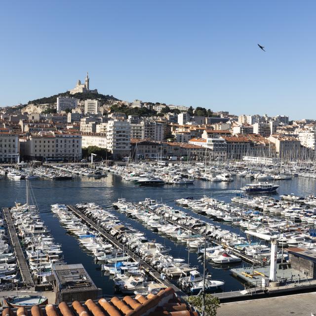 Vue globale du vieux port et ses bateaux avec vue sur NDDG