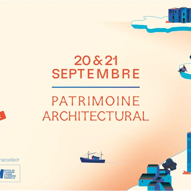 illustration dans un thème de couleurs sable représentant les monuments emblématiques de Marseille.