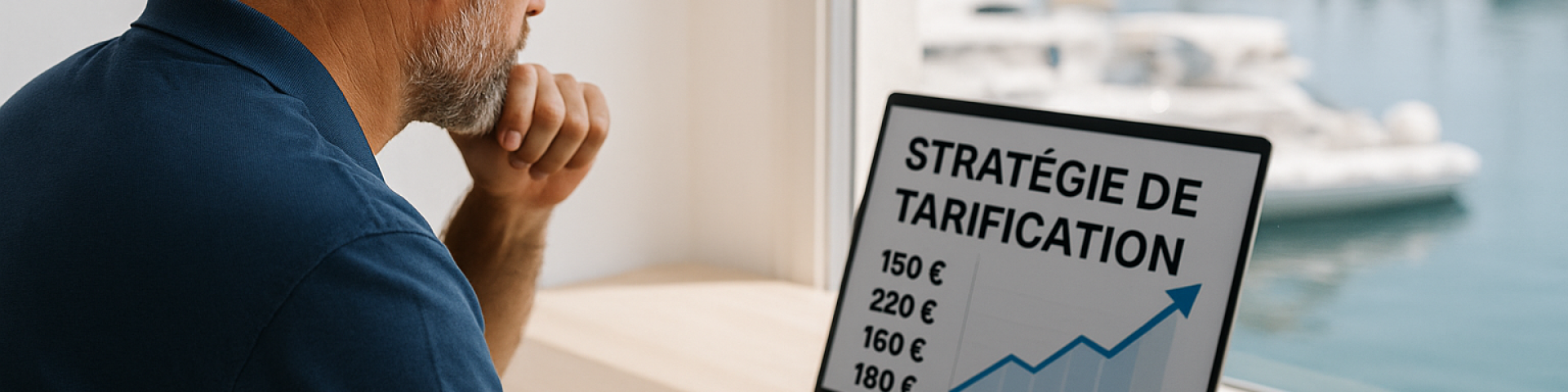 homme en ytrain de travailler sur un ordinateur avec une vue sur la mer