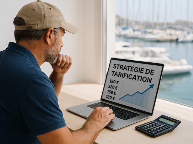 homme en ytrain de travailler sur un ordinateur avec une vue sur la mer