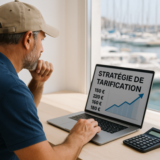 homme en ytrain de travailler sur un ordinateur avec une vue sur la mer